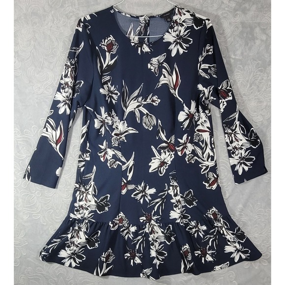 Halogen Dresses & Skirts - HALOGEN Women Size L Navy Blue Floral Crew Neck Long Sleeve Dress